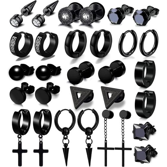 15 Pairs Earrings for Men, Black Stainless Steel Earrings Stud Kit for Men Women Fashion Piercing Jewelry Cross Dangle Hoop Earrings Set