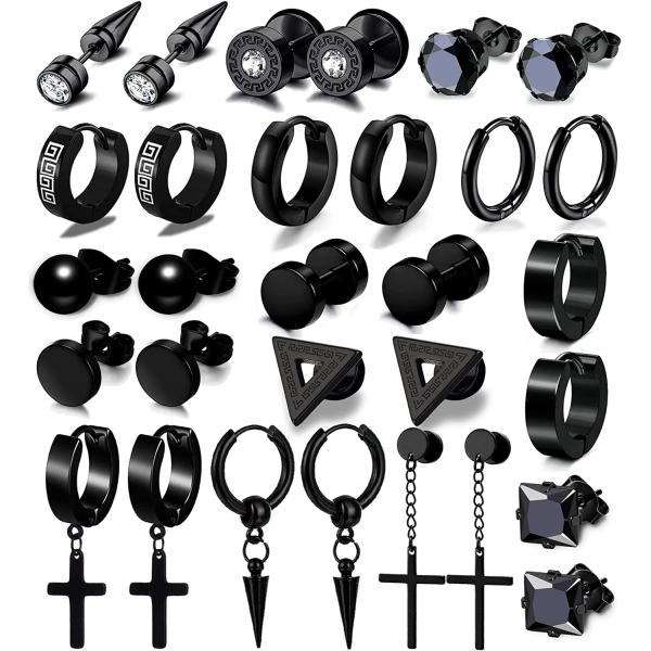 15 Pairs Earrings for Men, Black Stainless Steel Earrings Stud Kit for Men Women Fashion Piercing Jewelry Cross Dangle Hoop Earrings Set