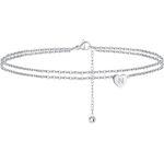 Turandoss Silver Heart Initial Ankle Bracelets for Women, 14K White Gold Filled Handmade Dainty Layered Silver Anklet Letter Initial Heart Ankle Bracelets for Women Silver Summer Foot Beach Jewelry