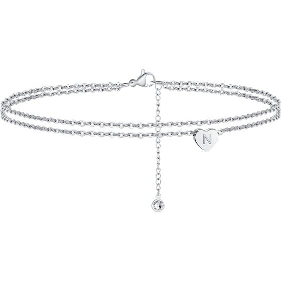 Turandoss Silver Heart Initial Ankle Bracelets for Women, 14K White Gold Filled Handmade Dainty Layered Silver Anklet Letter Initial Heart Ankle Bracelets for Women Silver Summer Foot Beach Jewelry