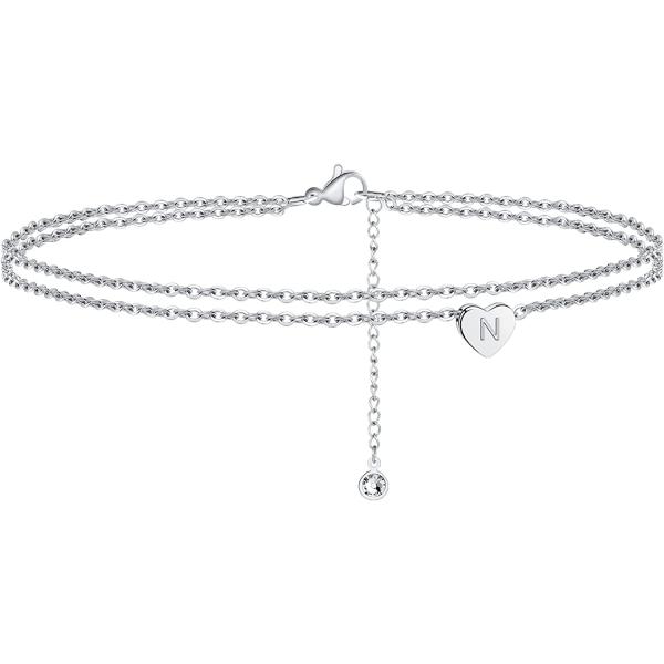 Turandoss Silver Heart Initial Ankle Bracelets for Women, 14K White Gold Filled Handmade Dainty Layered Silver Anklet Letter Initial Heart Ankle Bracelets for Women Silver Summer Foot Beach Jewelry