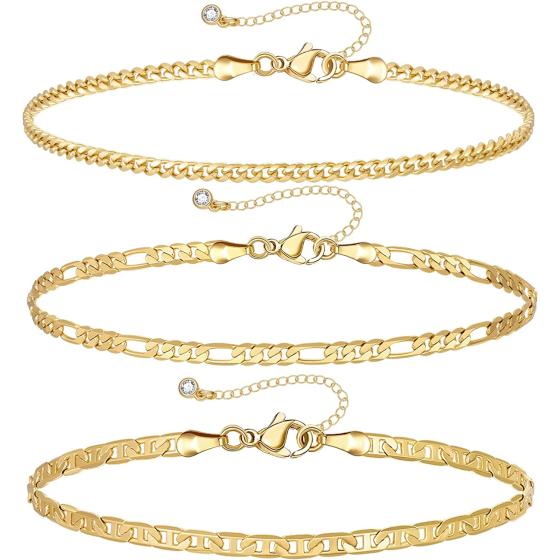 KissYan Gold Layered Ankle Bracelets for Women, Dainty 14k Gold Plated Layering Anklets Set Adjustable Fashion Cuban Link Snake Tennis Chain Ankles Summer Beach Foot Jewelry Gifts for Women Girls