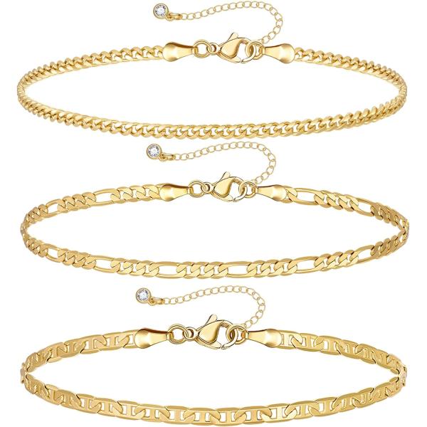 KissYan Gold Layered Ankle Bracelets for Women, Dainty 14k Gold Plated Layering Anklets Set Adjustable Fashion Cuban Link Snake Tennis Chain Ankles Summer Beach Foot Jewelry Gifts for Women Girls
