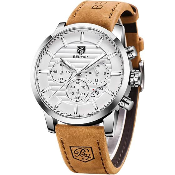BENYAR Quartz Chronograph Waterproof Watches Business and Sport Design Leather Band Strap Wrist Watch for Men