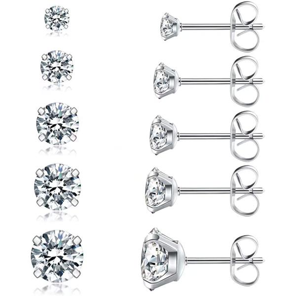 5 Pairs Stud Earrings Set, Hypoallergenic Cubic Zirconia 316L Earrings Stainless Steel CZ Earrings 3-8mm, Rose Gold