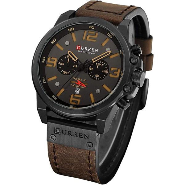 Gosasa Men Sport Chronograph Quartz Watch Brown Leather Strap Date 30M Waterproof Military Male Wrist Watch