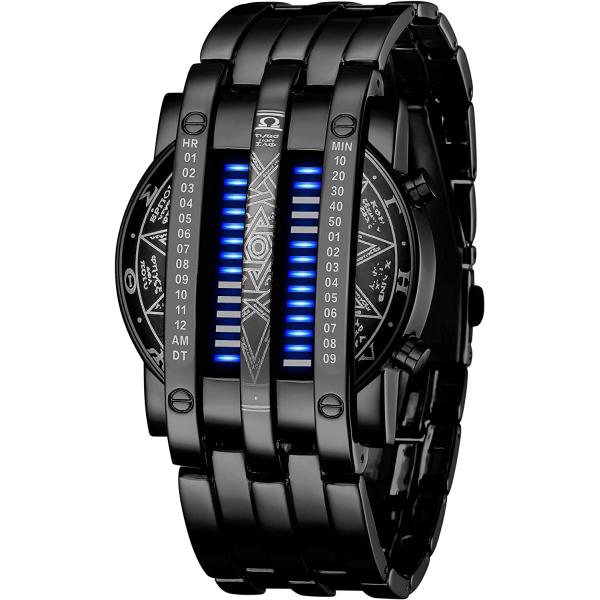 Binary Matrix Blue LED Digital Watch Mens Classic Creative Fashion Black Plated Wrist Watches