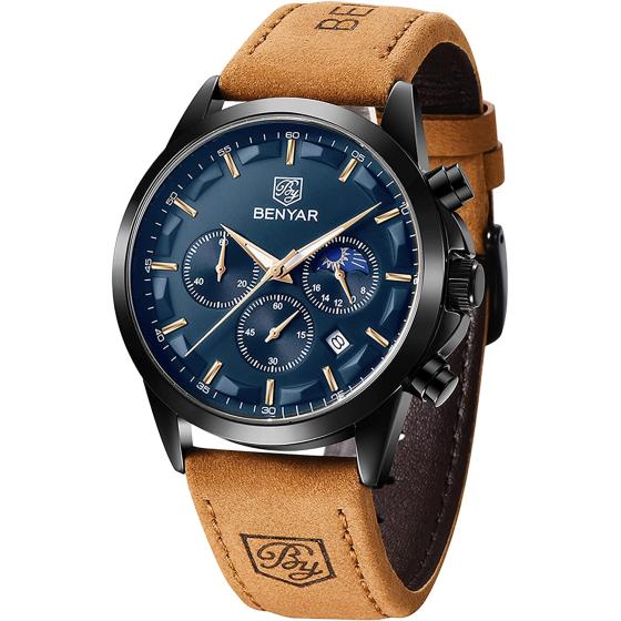 BY BENYAR Men's Watches Waterproof Sport Military Watch for Men Multifunction Chronograph Black Fashion Quartz Wristwatches Calendar with Leather Strap