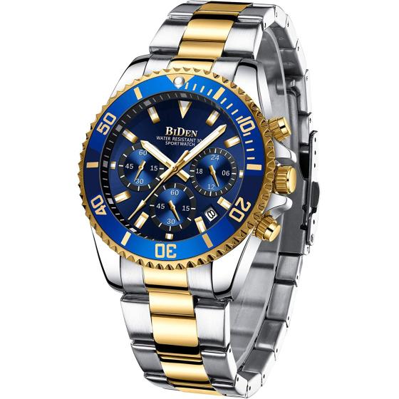 BIDEN Mens Watches Chronograph Stainless Steel Waterproof Date Analog Quartz Watch Business Wrist Watches for Men