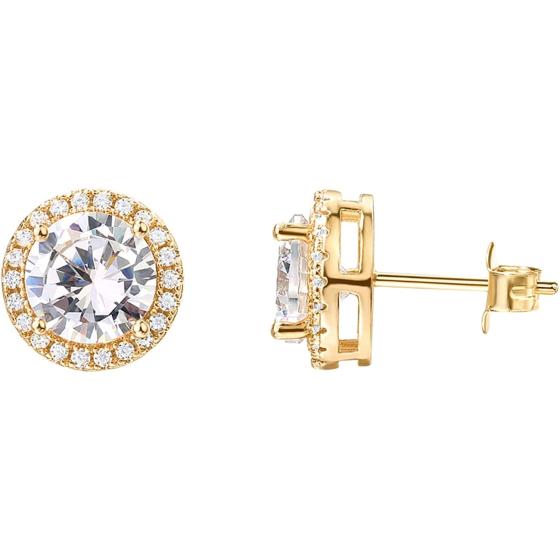 PAVOI 14K Gold Plated Sterling Silver Post Brilliant Round Faux Diamond Halo Earrings - Premium Cubic Zirconia in Rose Gold, White Gold and Yellow Gold