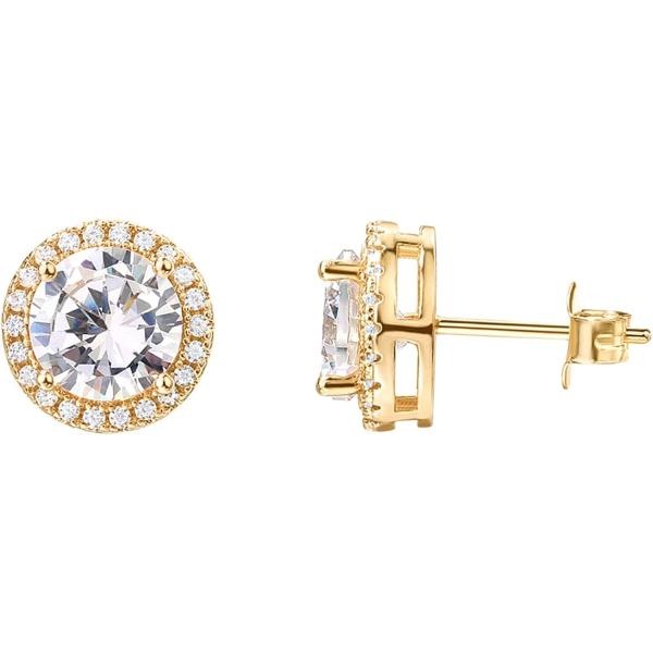 PAVOI 14K Gold Plated Sterling Silver Post Brilliant Round Faux Diamond Halo Earrings - Premium Cubic Zirconia in Rose Gold, White Gold and Yellow Gold