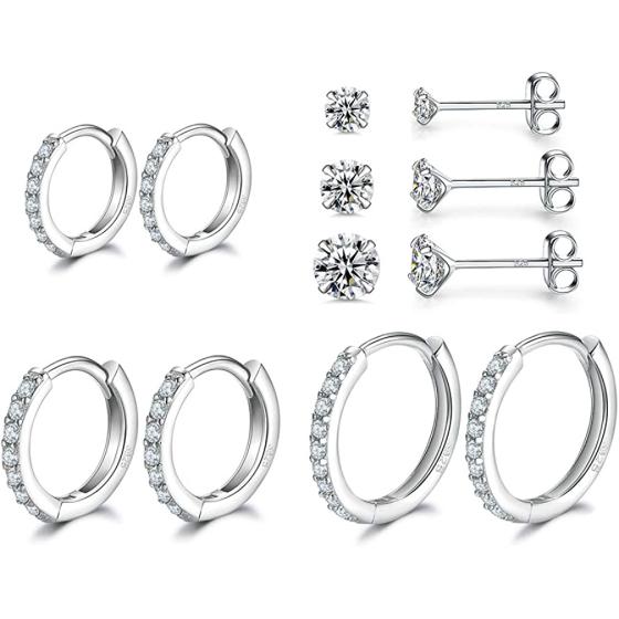 3 Pairs Sterling Silver Small Hoop Earrings Tiny Cartilage Earring Cubic Zirconia Cuff Huggie Earrings Mini Hoops Earrings Piercing for Women Girls