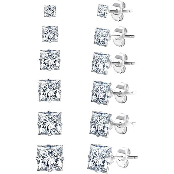 UHIBROS Stainless Steel Stud Earrings Set for Men, 14K White Gold Plated Square Cubic Zirconia Studs Hypoallergenic Mens Earrings Pack 6 Pairs