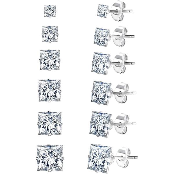 UHIBROS Stainless Steel Stud Earrings Set for Men, 14K White Gold Plated Square Cubic Zirconia Studs Hypoallergenic Mens Earrings Pack 6 Pairs