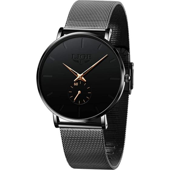LIGE Mens Watches Ultra-Thin Analog Quartz Minimalist Stainless Steel Mesh Band Dress Watches for Men