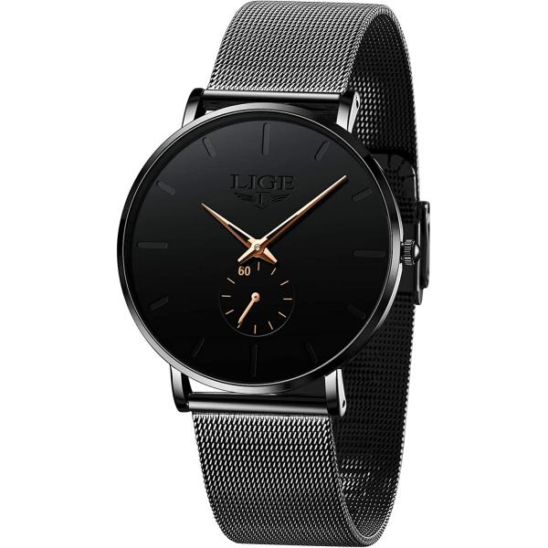 LIGE Mens Watches Ultra-Thin Analog Quartz Minimalist Stainless Steel Mesh Band Dress Watches for Men