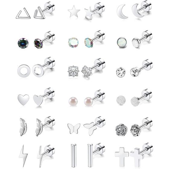 18 Pairs Stainless Steel Stud Earrings Set for Women Men Star Moon flower Heart Leaf Opal 20G Cartilage Earrings Hypoallergenic Flatback Earrings Piercing Jewelry