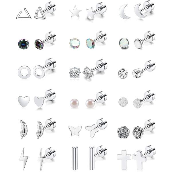 18 Pairs Stainless Steel Stud Earrings Set for Women Men Star Moon flower Heart Leaf Opal 20G Cartilage Earrings Hypoallergenic Flatback Earrings Piercing Jewelry