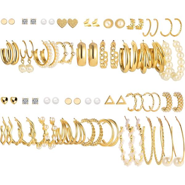 36 Pairs Gold Earrings Set for Women Girls, Fashion Pearl Chain Link Stud Drop Dangle Earrings Multipack Statement Earring Packs, Hypoallergenic Earrings for Birthday Party Christmas Jewelry Gift