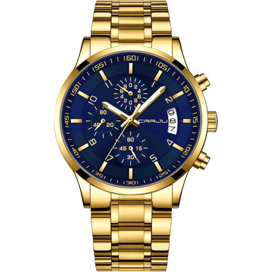 CRRJU Men's Fashion Stainless Steel Watches Date Waterproof Chronograph Wristwatches,Stainsteel Steel Band Waterproof Watch