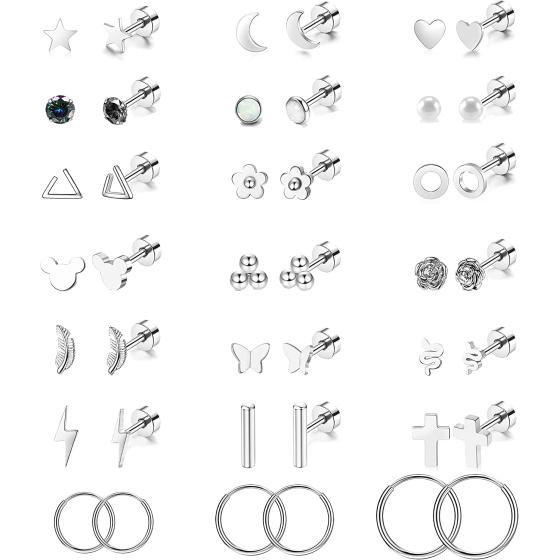 21 Pairs Stainless Steel Earrings Set for Women Men Star Moon flower Snake Leaf 20G Cartilage Earrings Set Hypoallergenic Flatback Earrings Piercing Jewelry