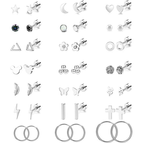 21 Pairs Stainless Steel Earrings Set for Women Men Star Moon flower Snake Leaf 20G Cartilage Earrings Set Hypoallergenic Flatback Earrings Piercing Jewelry