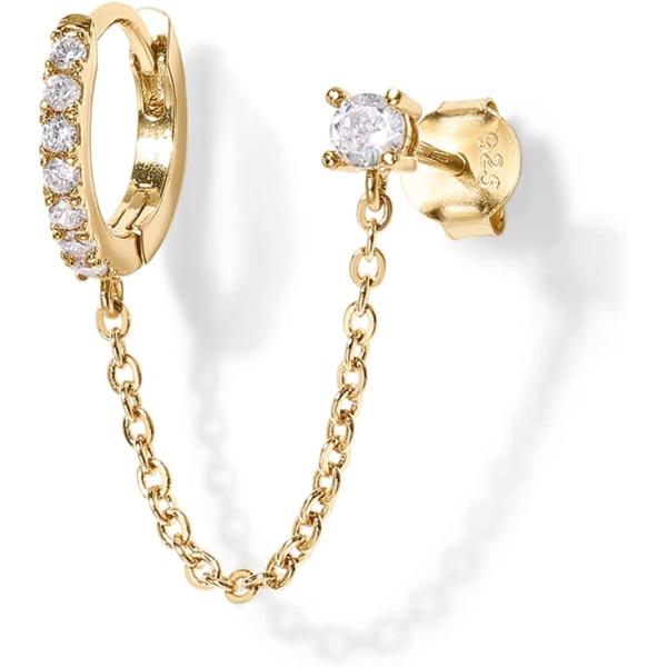 PAVOI 14K Gold Chain Earrings for Women | Double Piercing Dangle Chain Huggie Hoop Earrings | Cubic Zirconia Pearl Stud Earrings for Women