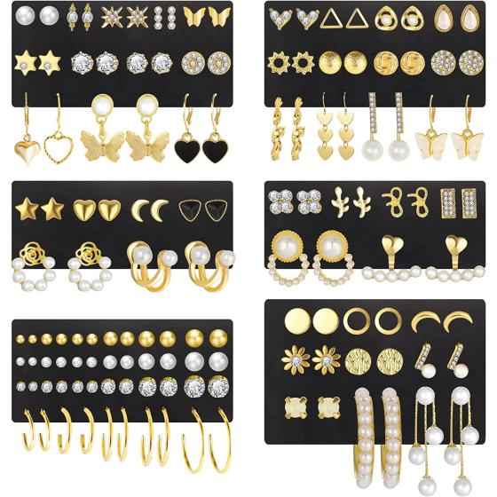68 Pairs Gold Stud Earrings for Women Multipack, Hypoallergenic Assorted Girls Earring Set Multiple Piercings,Cubic Zirconia Pearl Butterfly Stud Hoop Earring Pack