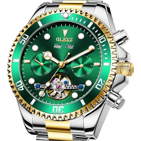 OLEVS Self Winding Watches for Men Automatic Mechanical Dress Tourbillon Stainless Steel Dual Calendar Waterproof Luminous Wrist Watch