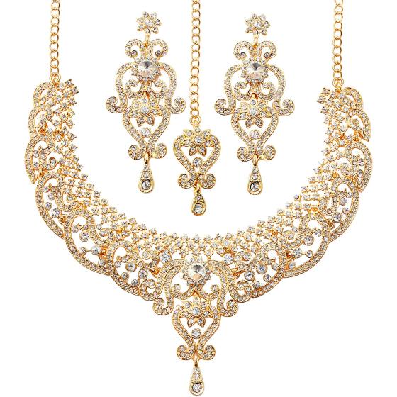 Touchstone Indian Bollywood Gorgeous intricate Workmanship Sparkling White Colorful Rhinestone crystal wedding Designer Jewelry Necklace Set In Gold And Silver Tone For Women.
