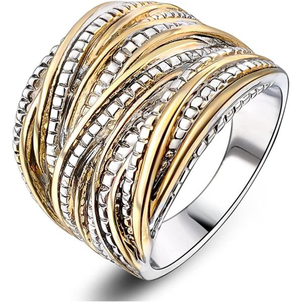 Mytys 2 Tone Intertwined Crossover Statement Ring Fashion Chunky Band Rings for Women Black Gold Silver Rose Gold Plated Wide Index Finger Rings Costume Jewelry