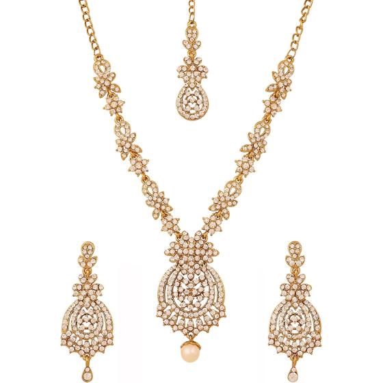 Touchstone Indian Bollywood Gorgeous intricate Workmanship Sparkling Rhinestone crystal wedding Designer Jewelry Necklace Set In Gold or Silver Tone For Women.
