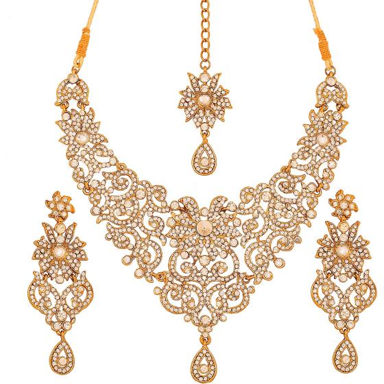 Touchstone Indian Bollywood Gorgeous intricate Workmanship Sparkling White Colorful Rhinestone crystal wedding Designer Jewelry Necklace Set In Gold or Silver Tone For Women.