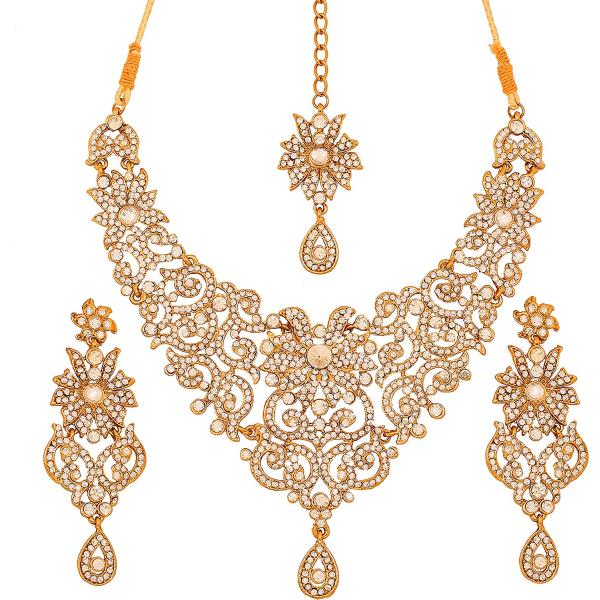 Touchstone Indian Bollywood Gorgeous intricate Workmanship Sparkling White Colorful Rhinestone crystal wedding Designer Jewelry Necklace Set In Gold or Silver Tone For Women.