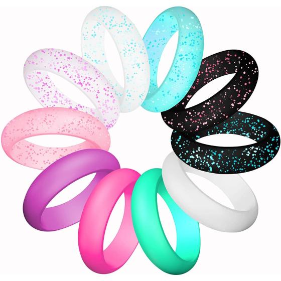 LUNIQI Silicone Wedding Ring for Women, Thin and Stackable Durable Rubber Safe Band for Love, Couple, Souvenir and Outdoor Active Exercise Style-10 Rings Pack