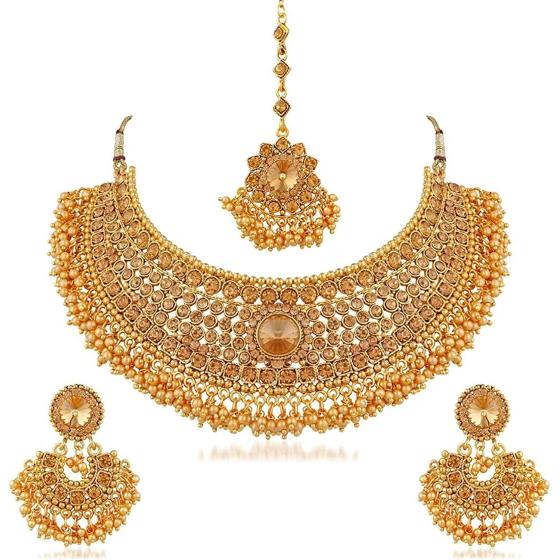 Efulgenz Indian Bollywood Traditional Crystal Pearl Wedding Choker Necklace Earrings Maang Tikka Jewelry Set