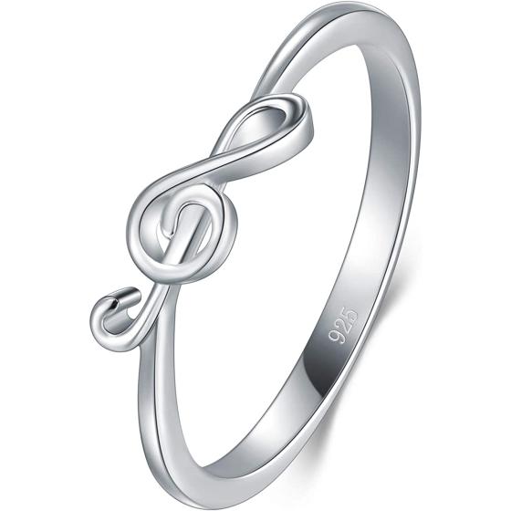 BORUO 925 Sterling Silver Ring - Stackable Music Note Band - Comfort Fit Silver Rings Women - Music Note Silver Band Ring - Fine Jewellery Stackable Ring, 2mm, Size 4-12