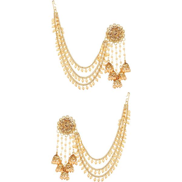 Bindhani Fashion Bollywood Jewellery Traditional Ethnic Bridal Bride Wedding Bridesmaid Gold Plated Kundan Pearl Drop Jhumka Jhumki Head chain Indian Bahubali Earrings Jewelry For Women