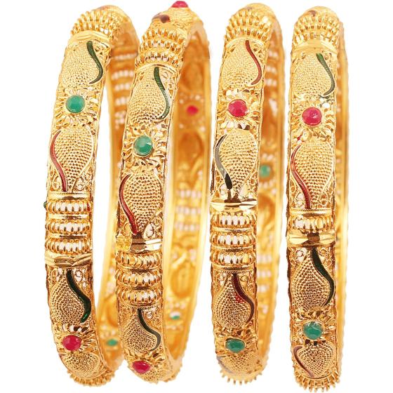 Touchstone Indian Bollywood Finely Hand Engraved Peeled Metal Pretty Mesh Work Jaipur Meenakari Enamel Exclusive Designer Jewelry Bangle Bracelets in Gold Tone for Women.