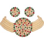 Touchstone Indian Bollywood Traditional Rhinestone Kundan Polki Faux Pearls Colorful Beads Strings Designer Jewelry Choker Necklace Set in Antique and Gold Tone for Women.