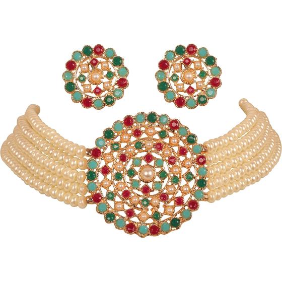 Touchstone Indian Bollywood Traditional Rhinestone Kundan Polki Faux Pearls Colorful Beads Strings Designer Jewelry Choker Necklace Set in Antique and Gold Tone for Women.