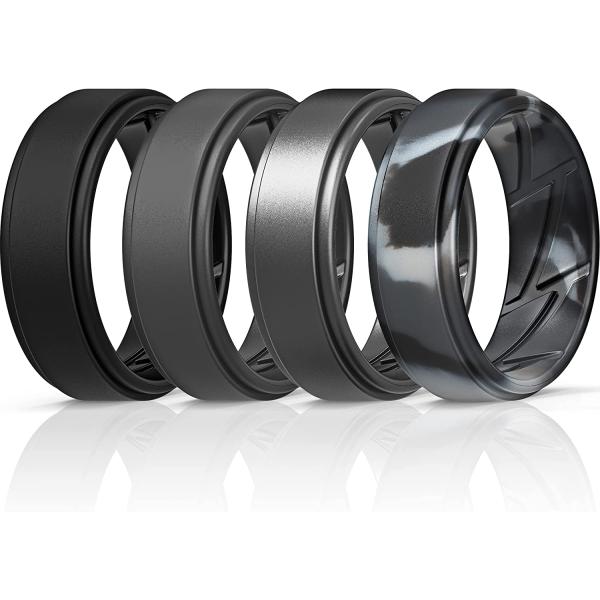 ThunderFit Silicone Wedding Rings for Men Breathable Airflow Inner Grooves - Step Edge Sleek Design Breathable Rubber Engagement Bands - 8mm wide - 2mm Thick