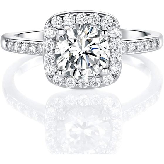 MDFUN 18K White Gold Plated Cubic Zirconia Promise Halo Engagement Promise Eternity Ring for Women
