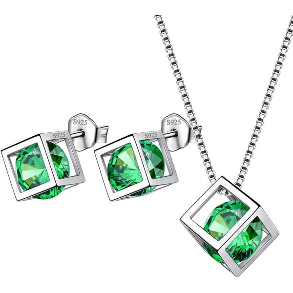 Birthstone Necklace/Earring 925 Sterling Silver Women Cross/3D Cube/Cresent Moon Birth Stone Jewelry Mens Birthday Gift Anniversary Present