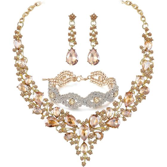 Paxuan Silver/Gold Plated Women Wedding Bridal Jewelry Set Prom Crystal Rhinestone Statement Choker Necklace Teardrop Earrings Link Bracelet Tiaras Crown Jewelry Sets for bride bridesmaid Wedding