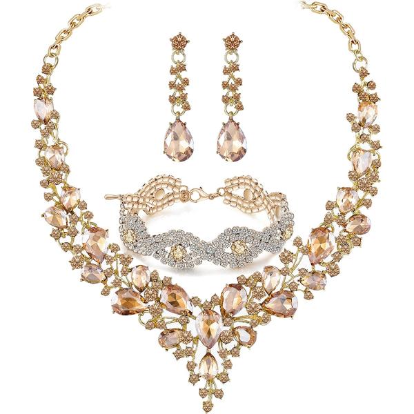 Paxuan Silver/Gold Plated Women Wedding Bridal Jewelry Set Prom Crystal Rhinestone Statement Choker Necklace Teardrop Earrings Link Bracelet Tiaras Crown Jewelry Sets for bride bridesmaid Wedding