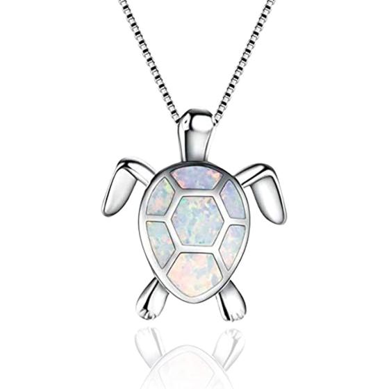Hithop Cute Turtle Pendant Necklace Lovely Animals White Fire Opal Plated Silver Necklace Jewellery Gifts
