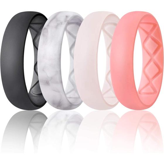 Egnaro Inner Arc Ergonomic Breathable Design, Silicone Rings for Women with Half Sizes, Women's Silicone Wedding Band, 6mm Wide - 2mm Thick