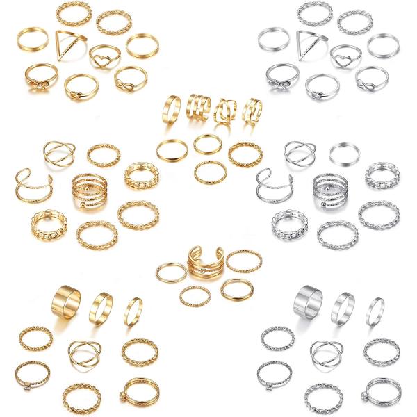 LOYALLOOK 65PCS Bohemian Knuckle Ring Midi Ring Set Hollow Silver Gold Vintage Stackable Rings Fashion Finger Knuckle Midi Rings for Women