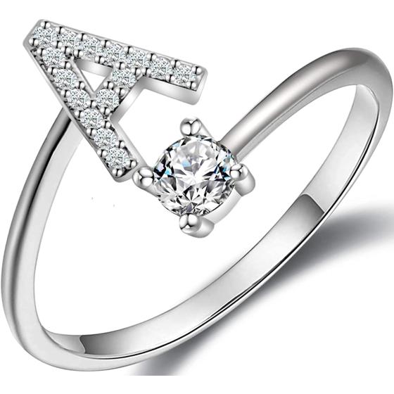 Haoze Initial Letter Ring for Women Girls Silver Stackable Alphabet Rings with Initial Adjustable Crystal Inlaid Initial Rings Bridesmaid Gift